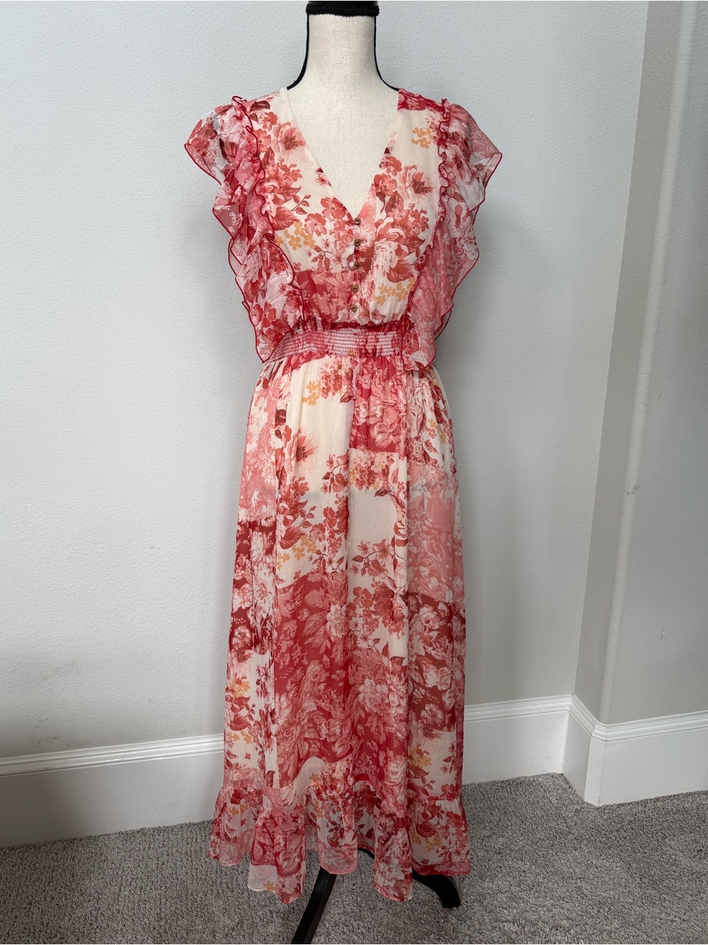 Zara Red and Cream Floral Ruffle Maxi Dress